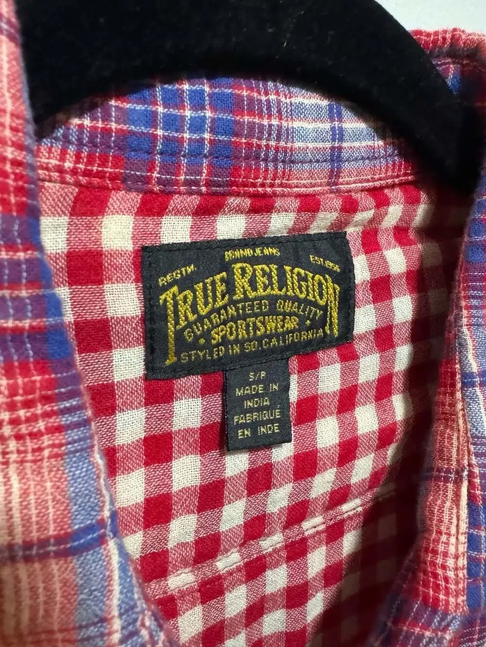 True Religion Plaid Button Up Shirt Men’s Small Red Blue Cotton